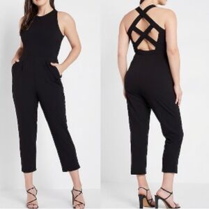 EXPRESS CRISS CROSS BACK CROPPED JUMPSUIT SIZE SMALL PITCH BLACK